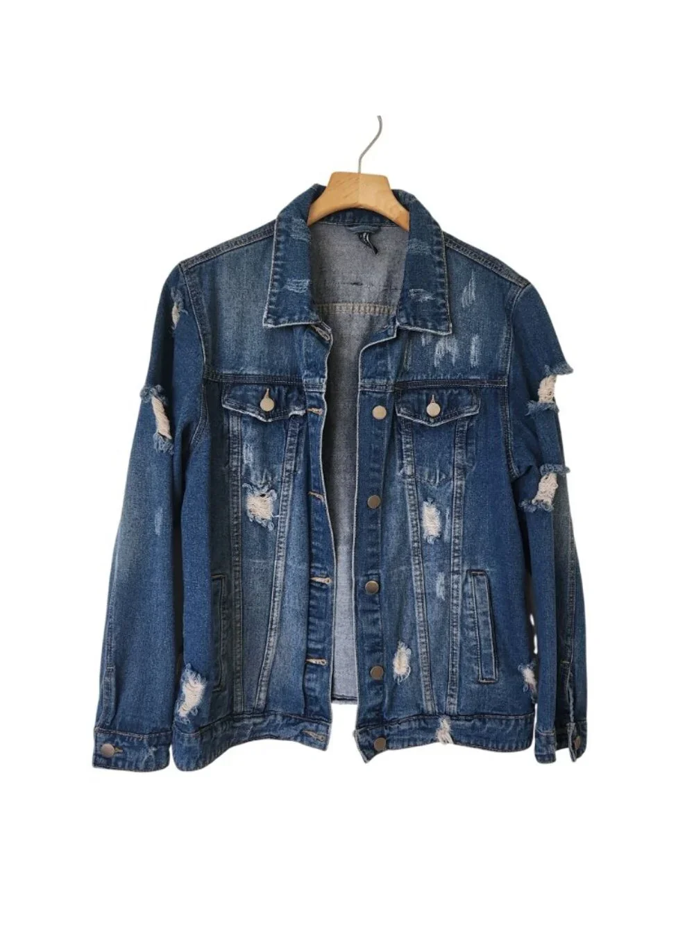 Distressed Denim Jacket Paris New York London Milano Oversized Glam Supermodel - Picture 2 of 13